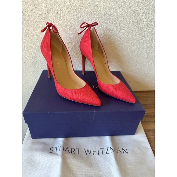 Stuart Weitzman Peekabow Red Embossed Lizard Leather Pumps Size 7M - Picture 1 of 3